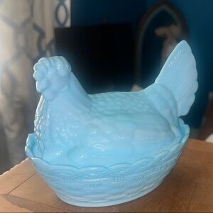 Light Blue milk glass hen on nest Westmoreland